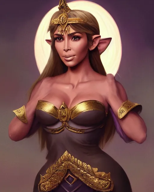 Image similar to A film still of kim kardashian as princess zelda in real life, highly detailed, digital painting, artstation, concept art, sharp focus, illustration, cinematic lighting, art by artgerm and greg rutkowski and alphonse mucha diffuse lighting, fantasy, intricate, elegant, highly detailed, lifelike, photorealistic, digital painting, artstation, illustration, concept art, smooth, sharp focus, art by John Collier and Albert Aublet and Krenz Cushart and Artem Demura and Alphonse Mucha