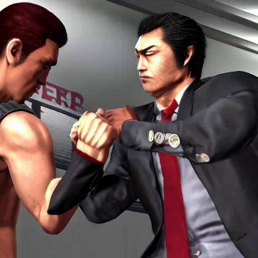 Image similar to Kazuma Kiryu from Yakuza and Senator Armstrong from Metal Gear Rising fights each other with their fists, highly detailed, photorealistic, cinematic lighting,