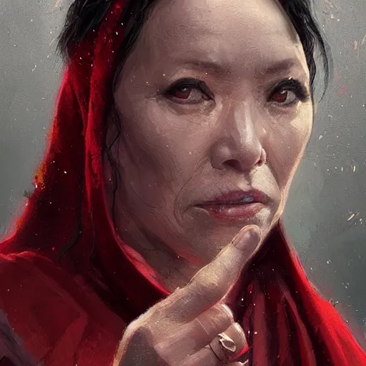 Image similar to portrait of a woman by greg rutkowski, jedi queen, half asian, black bob hair, star wars expanded universe, she is about 5 0 years old, wearing jedi red robes.