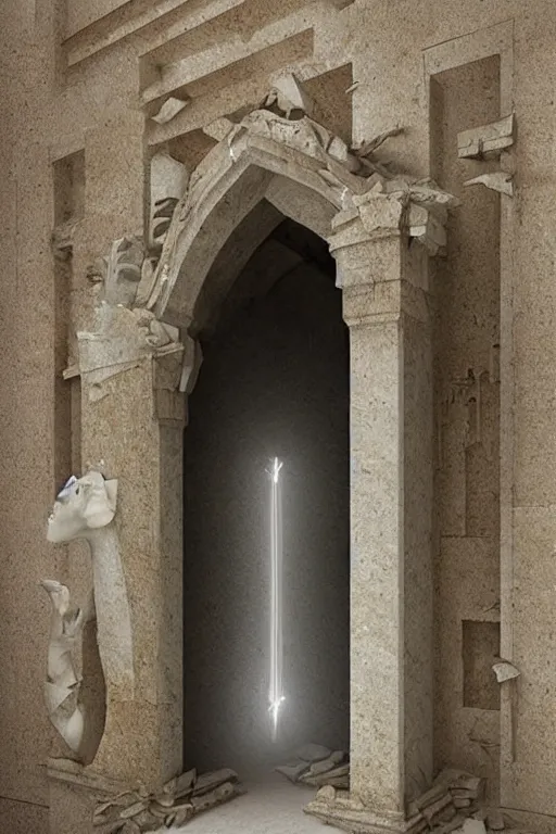 Prompt: a doorway in a stone building with a light coming through it, a marble sculpture by matthias jung, ahmed karahisari and daniel merriam, dartksynth egyptian art, featured on pinterest, gothic art, marble sculpture, reimagined by industrial light and magic, intricate