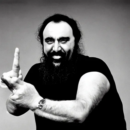 Image similar to luciano pavarotti as lead singer of the black metal band called darkthrone.