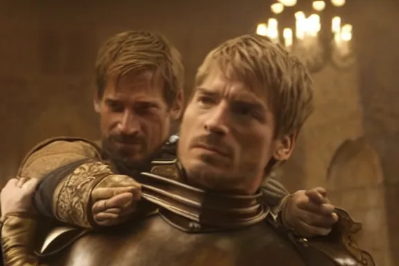 Image similar to very very intricate photorealistic photo of jaime lannister killing cersei, photo is in focus with detailed atmospheric lighting, award - winning details