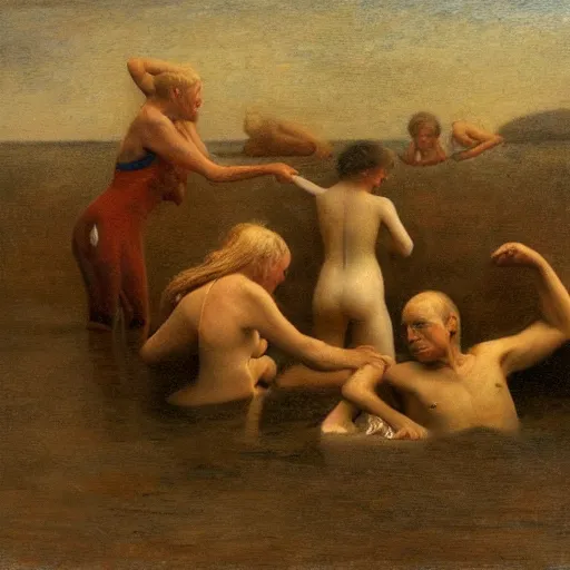 Image similar to the dream of the walrus and the swimmers in oslo, by odd nerdrum, oil on canvas, 1 9 8 3, high resolution