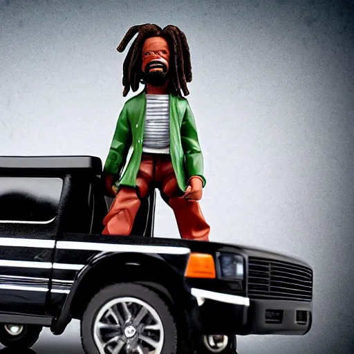 Image similar to black man action figure with dreads standing on top of a black rc pickup truck, close up photograph, white background