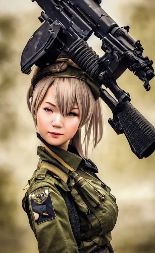 Prompt: portrait photo, highly detailed, high resolution, cosplay photo, stunning, girls frontline style, bokeh soft, shot on 70mm, zenithal lightning, trending on instagram, by award winning photographer, realistic human anatomy, real human faces, realistic military carrier, soldier clothing, modern warfare, empty hands, shot with a canon, low saturation, soldier clothing