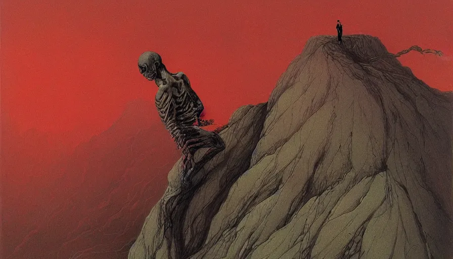 Image similar to landscape artwork of veiled red skeletal angel climbing over a mountain, artwork by zdzislaw beksinski