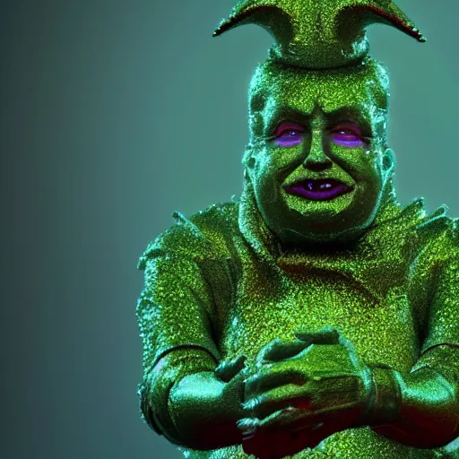 Image similar to donald trump as dipsy telletubbie full body detailed, ethereal, cyborg biomechanics, covered in blood diamonds and other gems glowing, highly detailed face, evil posed, evil expression, intricate, extremy detailed, beeple, cgsociety, 3 d unreal engine octane render. cinematic lighting, highly detailed 4 k art