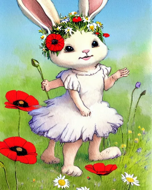 Image similar to a storybook illustration painting of a smiling happy cute bunny wearing a flower crown, daisies and poppies, by antoine de saint - exupery and annabel kidston and naomi okubo and jean - baptiste monge. a child storybook illustration, muted colors, soft colors, low saturation, fine lines, white paper