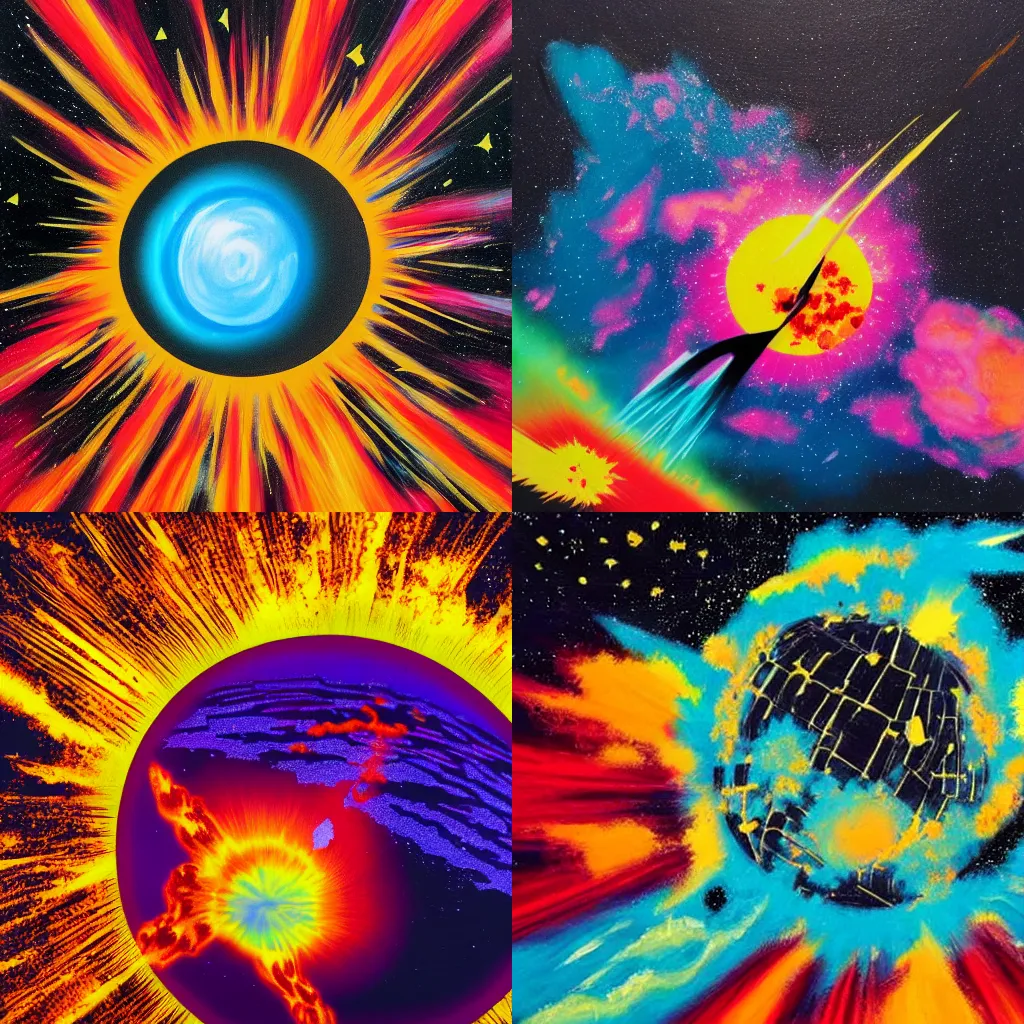 Prompt: painting of an Atomic explosion visible from space, colourful explosion, vivid colours, matte black paper, ultra detailed, wide shot, fish eye lens