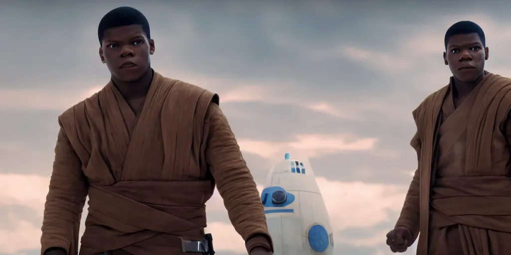 Prompt: Finn, star wars, john boyega as a jedi ultra realistic, 4K, movie still, UHD, sharp, detailed, cinematic, render, modern