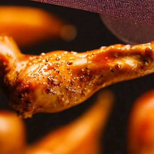 Prompt: macro photo of a chicken drumsticks with a secret miniature world inside of it, very very detailed, lots of fine details