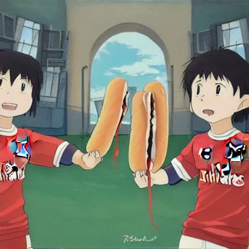 Image similar to a painting portrait of arsenal players eating hot dogs, studio ghibli,