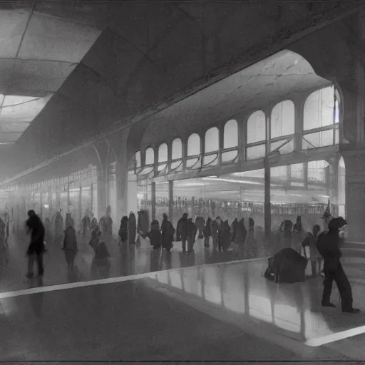 Image similar to a black and white photo of people in a train station, photograph by hal morey, a matte painting by hugh ferriss, featured on cg society, light and space, volumetric lighting, matte drawing, global illumination