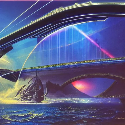 Prompt: floating holographic krang spaceship floating underneath rainbow gate bridge, art by bruce pennington, cinema still