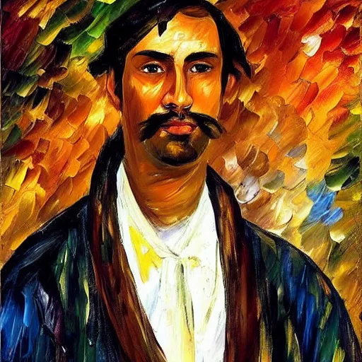 Image similar to portrait of a middle aged ancient nobleman with a long face, brown skin and long brown hair. by leonid afremov