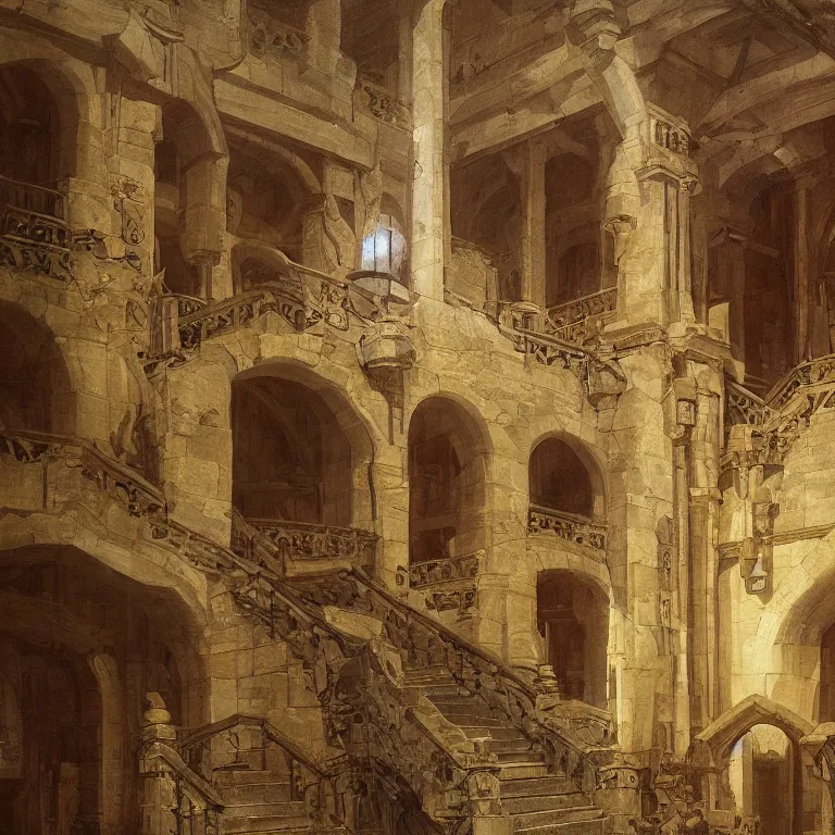 Prompt: a detailed painting of a medieval hall with wooden walls, big marble statue and staircase to the second floor. fantasy poster. lord of the rings style. cinematic fantasy scene. fantasy. carl spitzweg. renaissance elements. renaissance element. oil painting. award winning. trending on artstation. 8 k