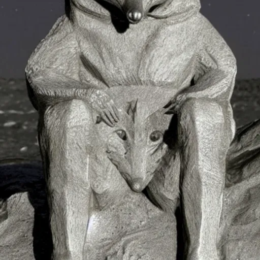 Image similar to male anthro anthropomorphic human like fox demon monument stands on the moon,