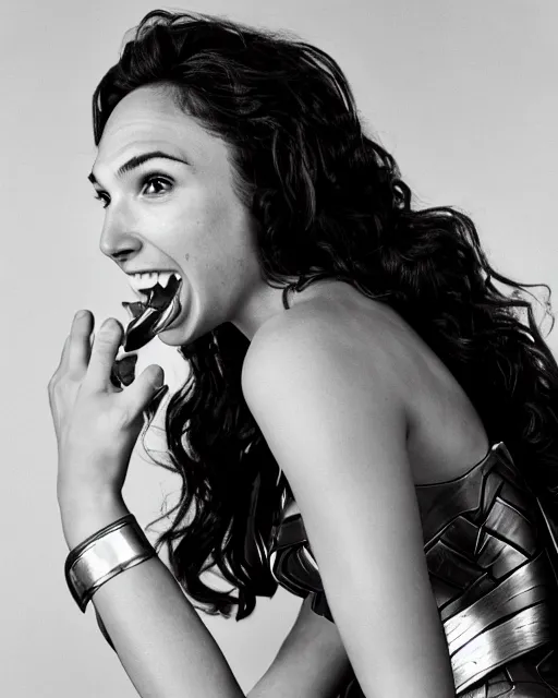 Prompt: gal gadot as she crinkles her nose while laughing, dressed as wonder woman, photorealistic, black and white photography, 2 0 0 mm nikkor m f / 5. 6, 4 x 5 film, bokeh