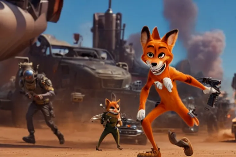 Image similar to nick wilde ( from zootopia ), heavily armed and armored facing down armageddon in a dark and gritty reboot from the makers of mad max : fury road