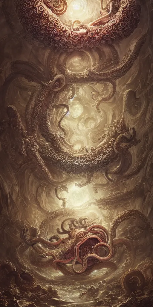 Image similar to epic fight of colorful Ouroboros and enormous octopus floating around inside an ancient mage castle hall colossal scale, gothic and baroque, brutalist architecture, ultradetailed, intricate details by Ellen Jewett and Ayami Kojima