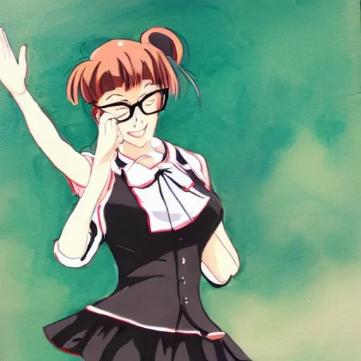 Prompt: painting of young woman with glasses and ponytail in maid outfit dancing, in the style of anime