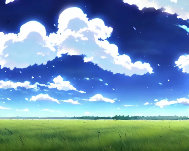 Prompt: an empty field with a partly cloudy sky, anime key visual, official media, illustrated by wlop, extremely detailed, 8 k, trending on pixiv, cinematic lighting, beautiful