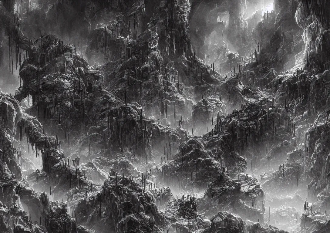 Image similar to deep cavernous mines of the dwarves, stretching down into the abyss, chains, ladders, dark, moody, illustration, artstation award, highly detailed, vast,