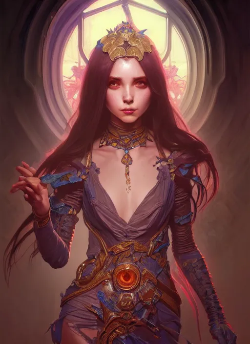 Prompt: hyper detailed ultra sharp of a beautiful necromancer girl. trending on artstation, dungeon, colorful, ornate, intricate, digital painting, concept art, smooth, sharp focus, illustration, art by artgerm and greg rutkowski and alphonse mucha, 8 k