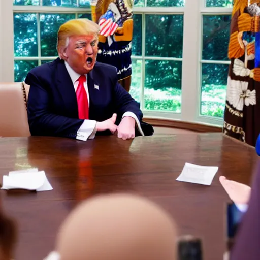 Image similar to donald trump talks to anime girls, professional photo