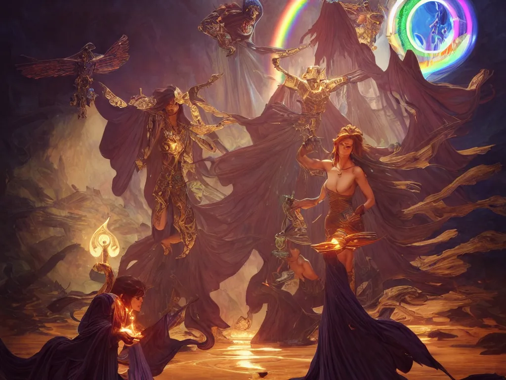 Prompt: painting of powerful stylish sorcerer and a cleric banishing shadow creatures with a rainbow spell, ultra realistic, concept art, intricate details, eerie, highly detailed, photorealistic, octane render, 8 k, unreal engine. art by artgerm and greg rutkowski and magali villeneuve and alphonse mucha