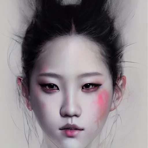 Image similar to jisoo of blackpink, hyperrealistic portrait, bladerunner street, by karol bak and agnes cecile, fantasy art, photo realistic, dynamic lighting, artstation, poster, volumetric lighting, very detailed face, 8 k, award winning