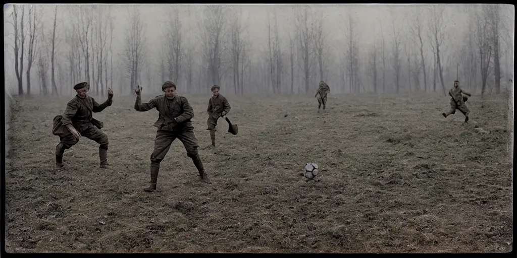 Prompt: detailed medium format photo, polaroid still from tarkovsky movie, erling haaland playing football on a ww 1 battlefield, haze, high production value, intricate details, 8 k resolution, hyperrealistic, hdr, photorealistic, high definition, tehnicolor, award - winning photography, masterpiece, amazing colors