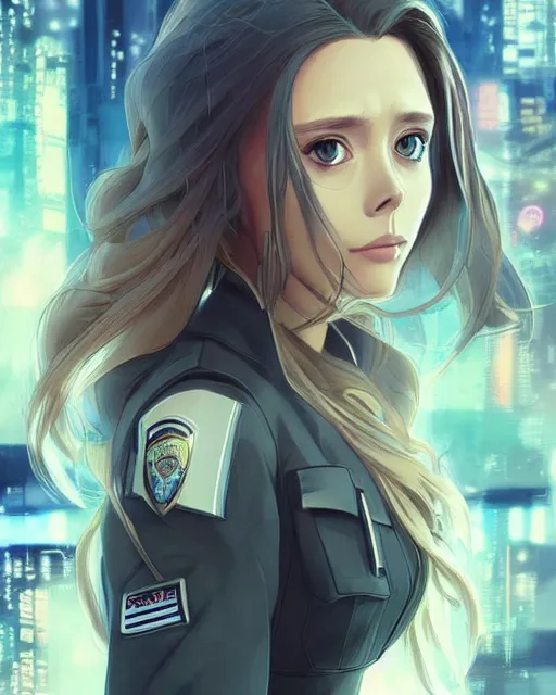 Prompt: anime key visual of elizabeth olsen police officer, cyberpunk, futuristic, perfect eyes, stunning features, perfect face!!!, high details, digital painting, artstation, smooth face, soft focus, illustration, art by artgerm and greg rutkowski and alphonse mucha