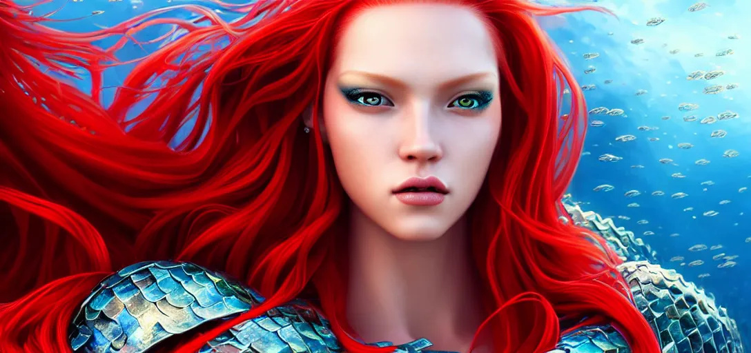 Prompt: close portrait photo of a gorgeous female mermaid with long red hair wearing metal armor in the style of stefan kostic, realistic, half body shot, sharp focus, 8 k high definition, insanely detailed, intricate, elegant, art by stanley lau and artgerm, extreme blur coral reef background