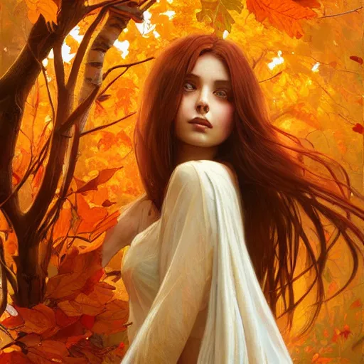 Prompt: girl with super long hair, hair becoming autumn red leaves, intricate, digital painting, artstation, concept art, smooth, sharp focus, illustration, art by artgerm and greg rutkowski and alphonse mucha