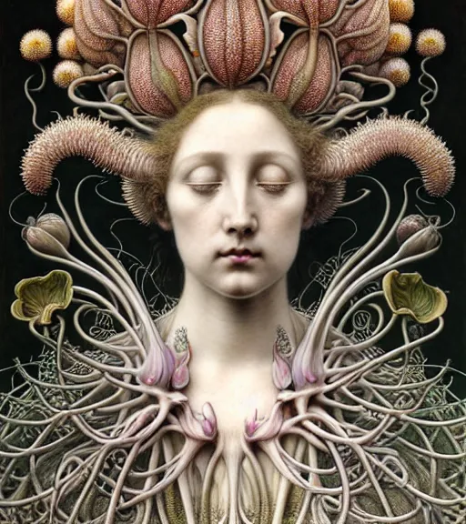 Image similar to beautiful young flower queen detailed realistic porcelain face portrait by jean delville, gustave dore, iris van herpen and marco mazzoni, art forms of nature by ernst haeckel, art nouveau, symbolist, visionary, gothic, neo - gothic, pre - raphaelite, fractal lace, intricate alien botanical biodiversity, surreality, hyperdetailed ultrasharp octane render