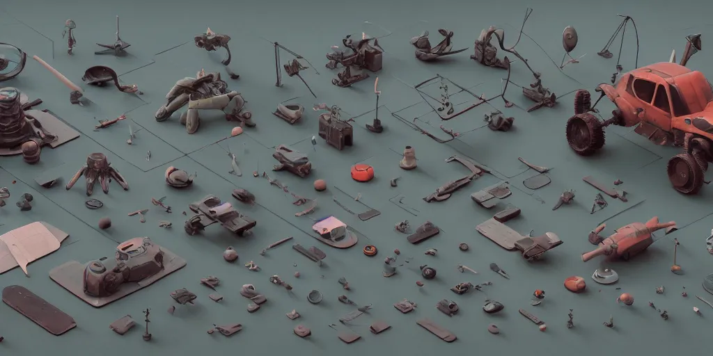 Image similar to collection of exploration of form and shapes, props, hard surface, panel, simon stalenhag, kitbash, items, gadget, big medium small, close up