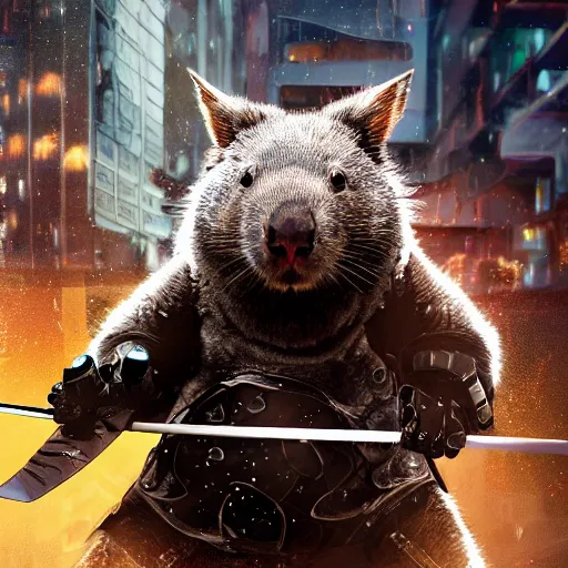 Image similar to wombat in cybernetic ninja gear wielding a samurai sword, realistic, cyberpunk, gritty, digital art, 4 k