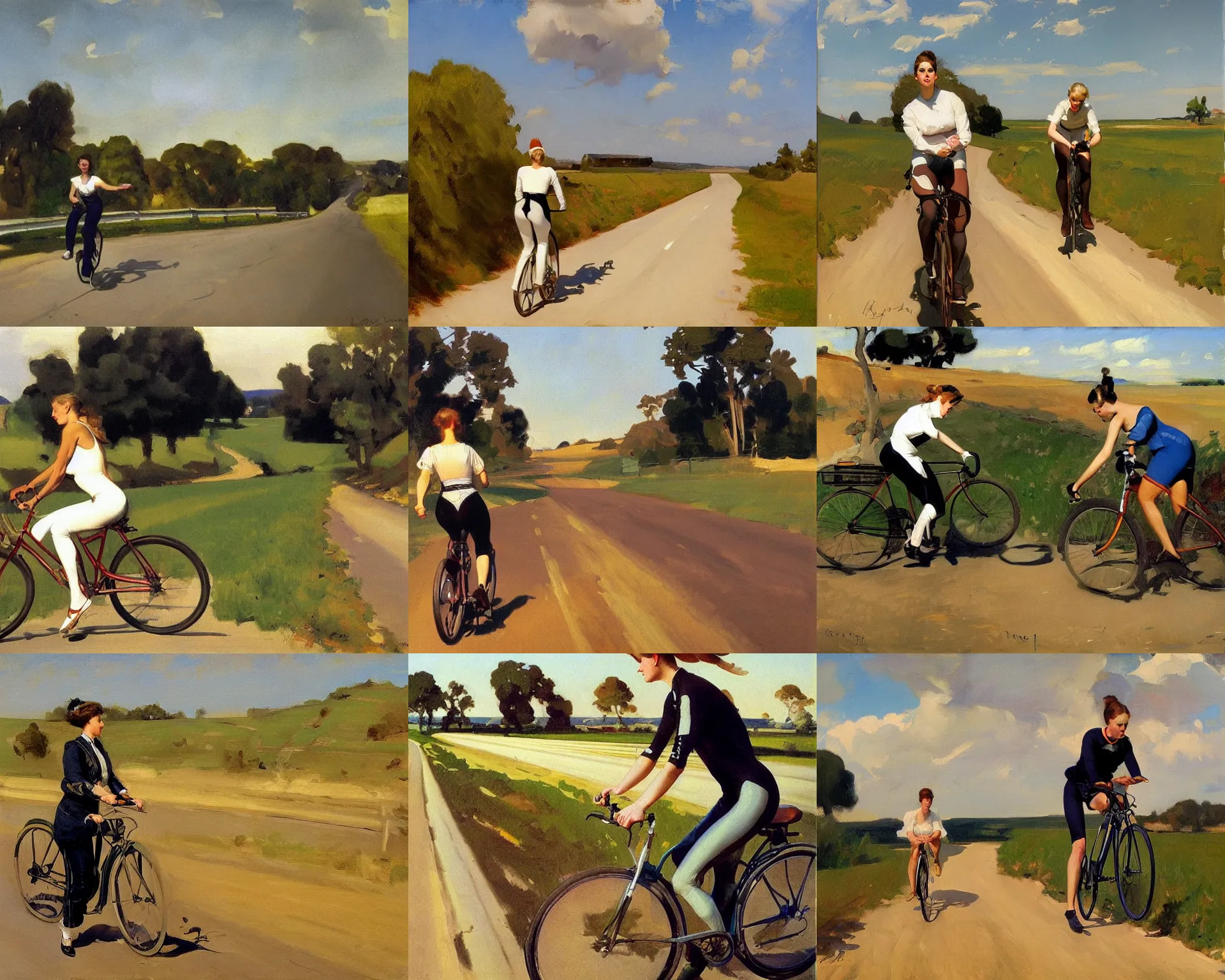 Prompt: painting by sargent and leyendecker and greg hildebrandt savrasov levitan sporty woman on racing bicycle uses mobile phone while exercising on country road