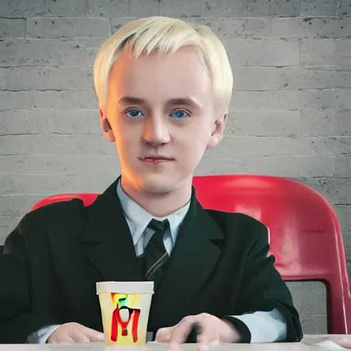 Image similar to Draco Malfoy sitting at a booth in McDonalds, McDonalds interior background, photo