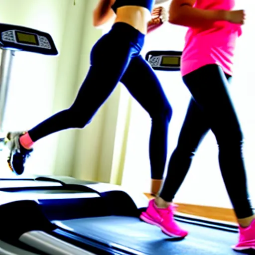 Image similar to A woman walking on a treadmill with her dog walking on a smaller treadmill next to her