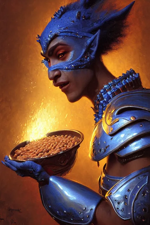 Image similar to extremely detailed extreme close up painting of a beautiful blue skinned night elf, in a set of night elf plate armor, eating baked beans, painting by gaston bussiere, craig mullins, greg rutkowski,