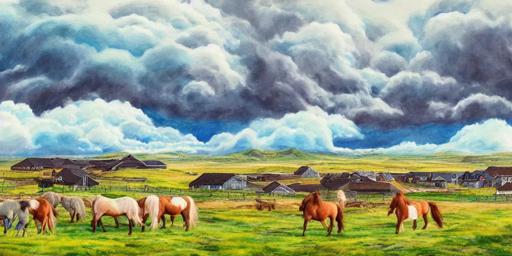 Image similar to a beautiful painting of a icelandic farm, icelandic horses galloping, storm clouds gathering over the town, by studio ghibli 8 k pastel colours, isometric, three point perspective, drone shot, smeared watercolours, golden light, film grain