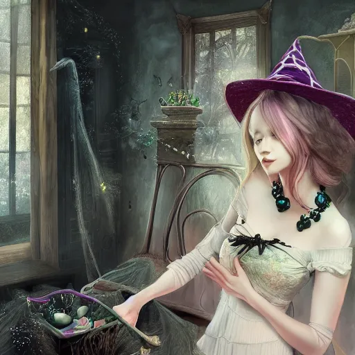 Image similar to a beautiful witch chilling in her house drawn by Qinni and Yuumei, realistic painting, high definition, digital art, matte painting, very detailed, realistic