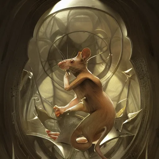 Prompt: Mathias The mouse, physically accurate, dynamic lighting, intricate, elegant, highly detailed, digital painting, artstation, HR GIGER, Hieronymus Bosch, Francis Bacon, concept art, smooth, sharp focus, illustration, art by artgerm and greg rutkowski and alphonse mucha