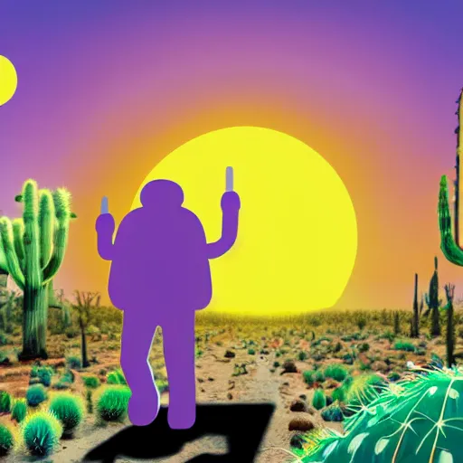 Image similar to A five-foot tall human nose that is walking a leashed holographic beetle in a desert with purple cacti, joshua trees, with a red sun directly overhead. Detailed illustration.