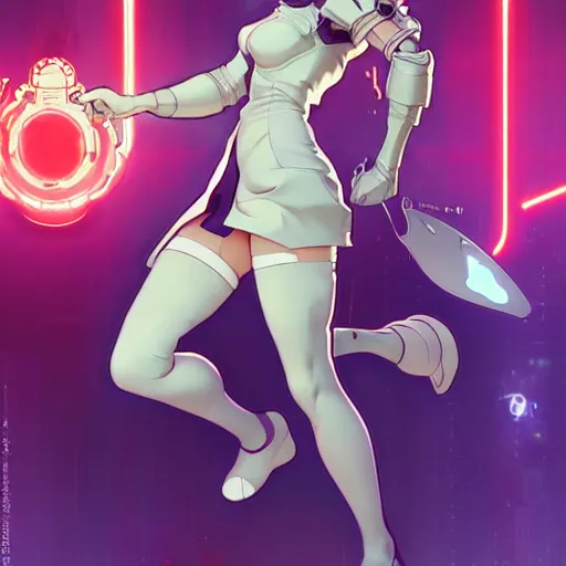 Prompt: a full body character design by artgerm, cushart krenz, ross tran, alphonse mucha. cute mad scientist girl lab coat futuristic huge collosal shoulder cannon rocket bazooka!! bold outline sharp edges. ultra clear detailed. 8 k. elegant, neon colors, dynamic angle, intricate complexity, epic composition, action pose, cinematic lighting masterpiece