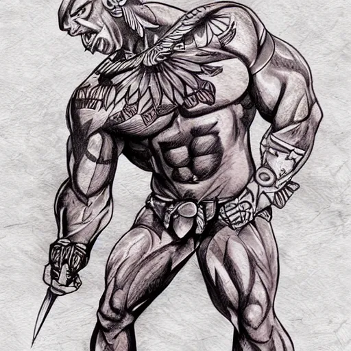 Image similar to muscular bald man, tattooed body, sword in hands, HD, anime style,