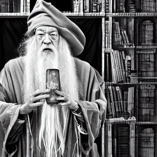 Prompt: ghetto hip - hop michael gambon dumbledore wizard, intricate photography lifelike