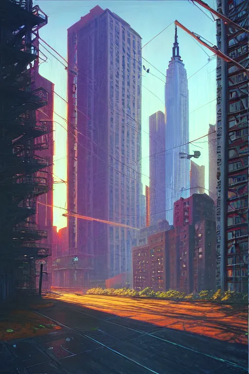 Image similar to downtown new york city in a redwood solar punk vision, oil on canvas by klaus burgle, simon stalenhag, ultra - realistic 3 d depth shading